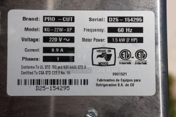 ProCut KG-22-W-XP #22 electric meat grinder label, 220V, 2 hp, serial D25-154295. Includes auger, knife, plastic pusher.