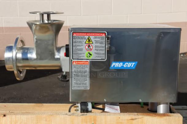 ProCut KG-22-W-XP #22 Electric Meat Grinder, 220V, 2 hp, with safe guard. Includes auger, knife, pusher, plates. Dented left side.