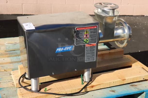 BRAND NEW ProCut KG-22-W-XP #22 Electric Meat Grinder, 220V, 2 hp; dent on left side. Includes auger, knife, pusher, plates.