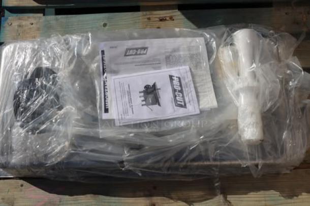 ProCut KG-22-W-XP #22 Electric Meat Grinder, 220V, 2 hp, dent on left side, includes auger, knife, pusher, plates, in packaging.