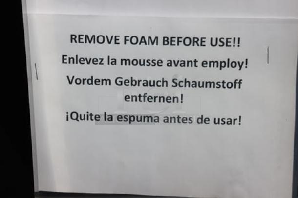 Alto-Shaam Vector F Series VMC-F3E oven, new with minor scratches and dents, missing small parts. "Remove foam before use" sign.