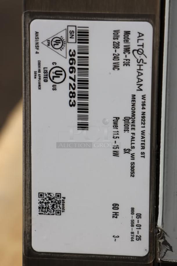 Alto-Shaam Vector F Series VMC-F3E oven label. Shows model, serial number 3667283, volts, and certifications.