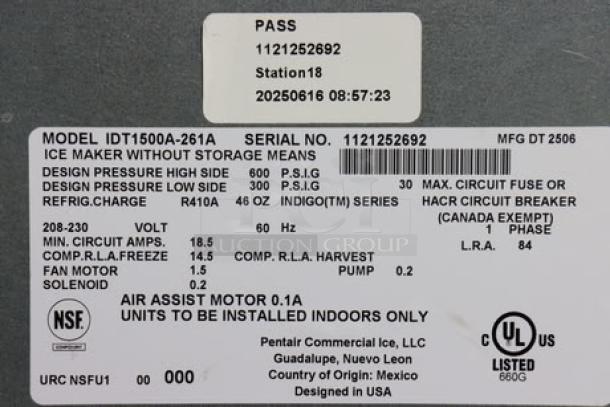 Manitowoc IDT1500A Indigo NXT 48" ice machine label. Air-cooled, 208-230V, 1668 lb capacity. New condition, serial 1121252692.