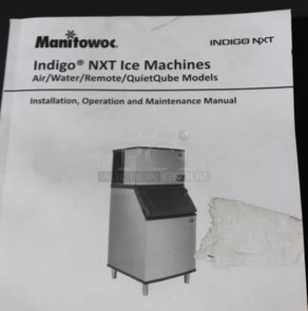 Manitowoc Indigo NXT Ice Machine manual, indicating model IDT1500A, 48" air-cooled cube ice, 1668 lb capacity, 208-230V, 1 Phase.