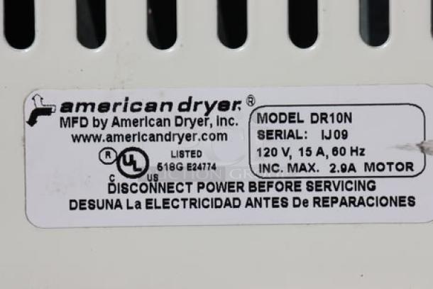 AMERICAN DRYER DR-10N hand dryer, white enamel, push button, 120V, 15A, with serial IJ09 label.
