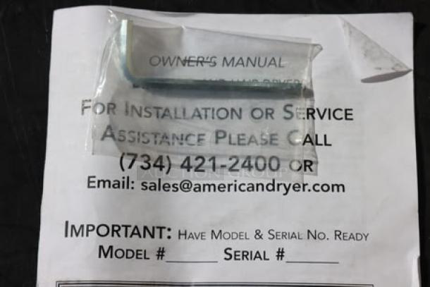 Owner's manual and installation instructions for American Dryer DR Series hand dryer, with contact information and model details.