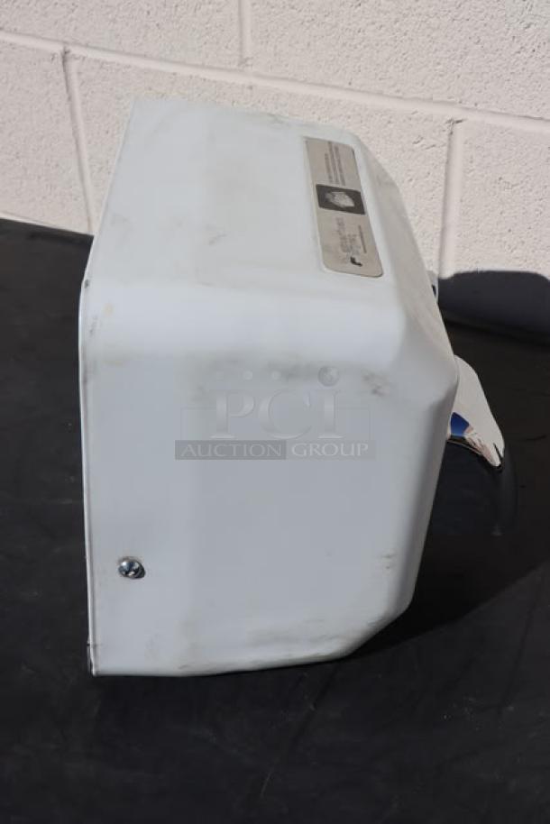 AMERICAN DRYER DR-10N steel push-button hand dryer, white enamel, 120V, 15A, 60Hz, visible serial: IJ09, good condition.