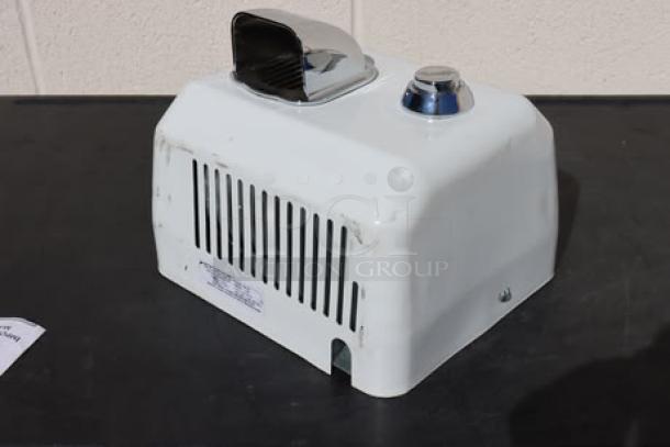 American Dryer DR-10N steel push-button hand dryer, white enamel finish, 120V, 15A, 60Hz, visible wear, serial IJ09.