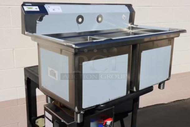 BRAND NEW REGENCY 600S21818 stainless steel two-compartment commercial sink, 43", 16 gauge, 18"x18"x14" bowls, visible scratch-n-dent.
