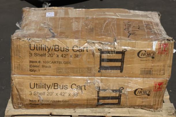 Brand new Choice 109CARTBLGBK utility cart, black, three shelves, 42"x20", in original packaging with visible damage.