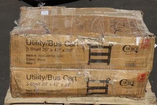 Brand new Choice 109CARTBLGBK utility cart, black, three shelves, 42"x20", in original packaging with visible damage.