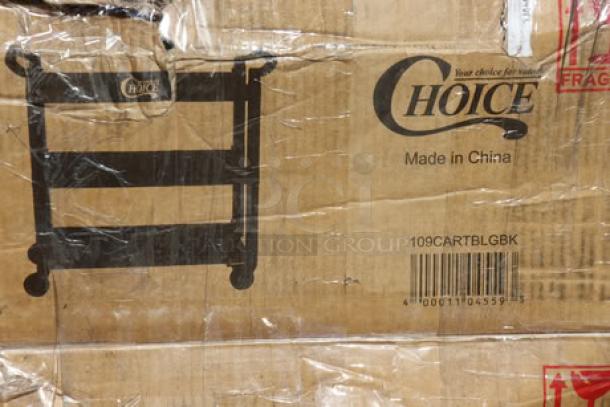 Choice 109CARTBLGBK utility cart, black, three shelves, 42"x20", new scratch-n-dent, labeled "Made in China."