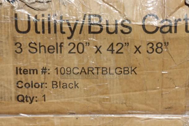Box label for Choice 109CARTBLGBK Black Utility/Bussing Cart, 42"x20"x38", three shelves, item: 109CARTBLGBK, color: black.