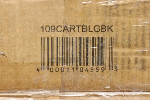 Barcode and model number 109CARTBLGBK on cardboard box for Choice Black Utility Cart, new condition.