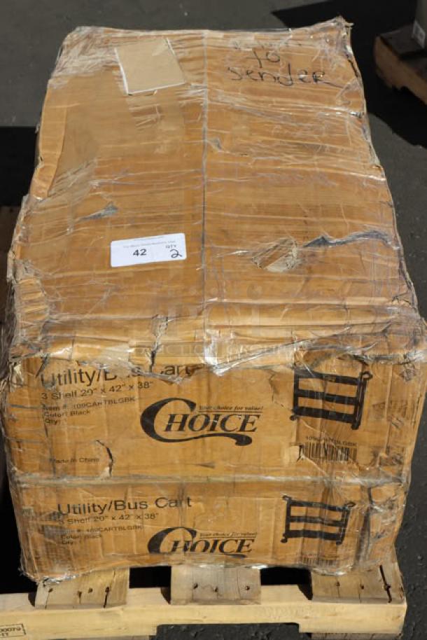 Choice utility/bussing cart, model 109CARTBLGBK, in box. Black, 42"x20", three shelves. Box shows damage.