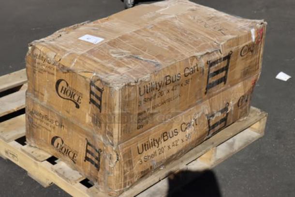 Boxed Choice 109CARTBLGBK black utility cart, 42" x 20", with three shelves. New, labeled "Utility/Bus Cart."