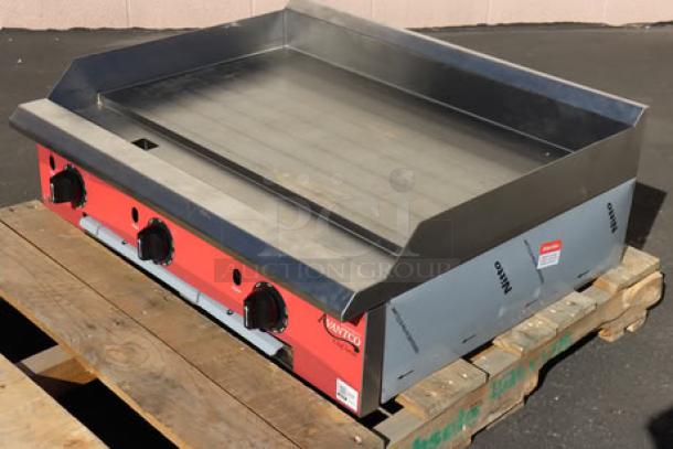 Brand new Avantco CAG-15-TG 15" countertop gas griddle, thermostatic controls, 35,000 BTU, minor scratches, on pallet.