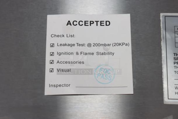 Cooking Performance Group GM-CPG-48-NL gas griddle, 48" wide, manual controls, 120,000 BTU. "Accepted" inspection label visible.