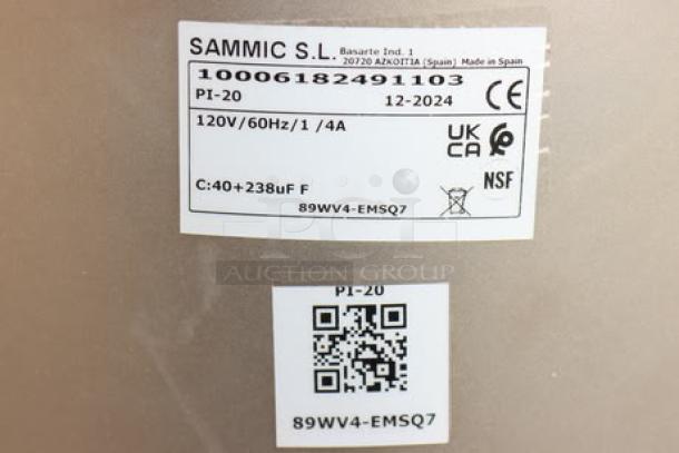 BRAND NEW Sammic PI-20 Potato Peeler, 44 lb., 120V, 3/4 hp, minor scratches/dents. Serial: 10006182491103. Labels show specs.