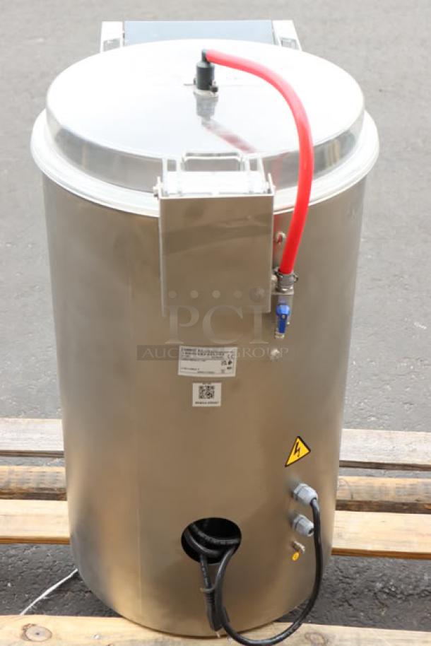 Brand new Sammic PI-20 44 lb. potato peeler, 120V, 3/4 hp, out of box, minor scratches and dents, visible safety label.