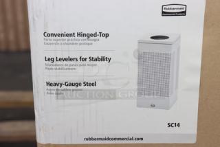 BRAND NEW Rubbermaid® FGSC14EPLTBK Silhouettes Black Steel Trash Can, 16 Gal, hinged top, stability levelers; damaged packaging.