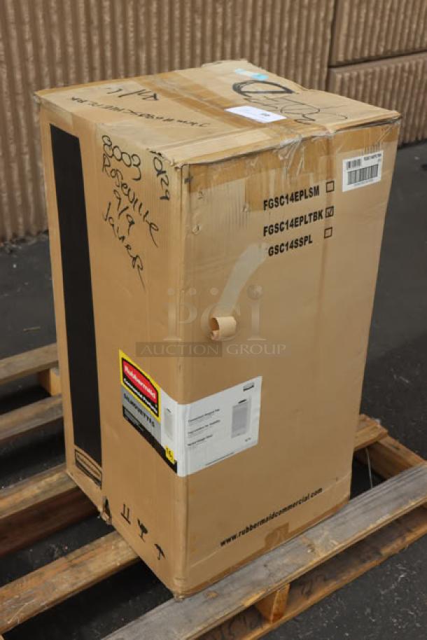Rubbermaid FGSC14EPLTBK 16-gallon black steel trash can, brand new, in damaged original packaging with labels visible.