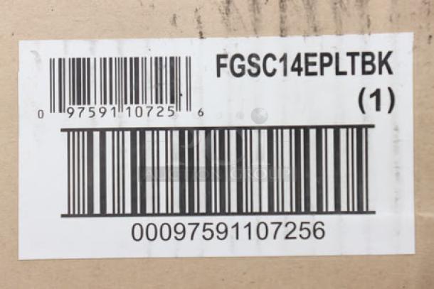 Barcode label for Rubbermaid® FGSC14EPLTBK Silhouettes Black Steel Designer Trash Can, new but with damaged packaging.