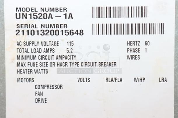 Scotsman UN1520A-1A, 20" air-cooled undercounter nugget ice machine label, 115V, S/N: 21101320015648, scratch-n-dent condition.