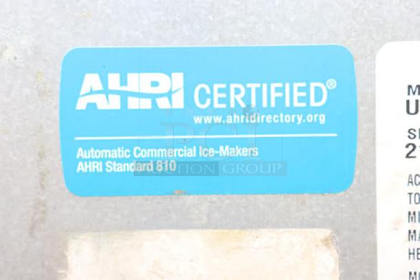 Certified label on Scotsman Ice Machine model UN1520A-1A, highlighting AHRI certification for commercial use.