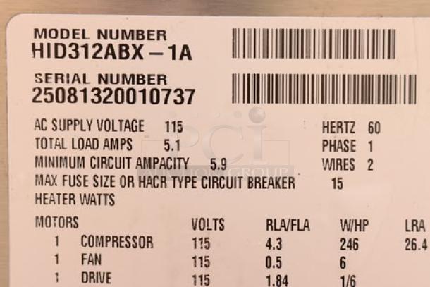 Alt text: Scotsman UN1520AX-1 ice machine label, model HID312ABX-1A, serial 25081320010737, 115 volts, 1 phase, 57 lb. bin.