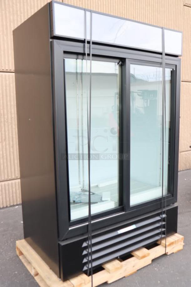 Beverage-Air MMR45HC-1-B MarketMax 52" Black Two Section Glass Door Merchandiser Refrigerator, 44 Cu. Ft., Minor scratches.