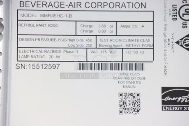 Beverage-Air MMR45HC-1-B label showing model, serial number S/N: 15512597, refrigerant type, and electrical ratings.
