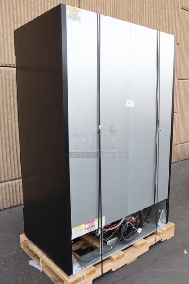 BRAND NEW Beverage-Air MMR45HC-1-B glass door merchandiser refrigerator, 52", 44 Cu. Ft., minor scratches, black exterior.