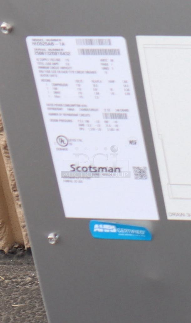 Scotsman HID525AB-1 Meridian ice machine label, displaying model, serial numbers, and certifications. New, scratch-n-dent condition.