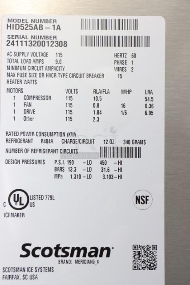 Scotsman HID525AB-1A label with model, serial numbers, and specifications. Features 115V, 15 Amps, R404A refrigerant, UL, NSF certified.