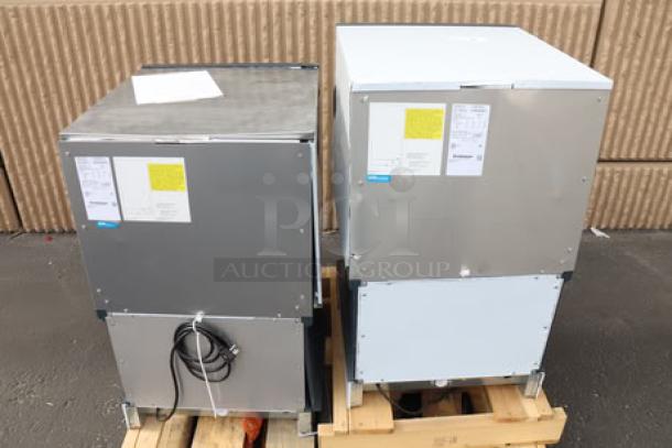 Two Scotsman HID525AB-1A ice machines and water dispensers, new scratch-n-dent, bin storage 25 lb, 115V, on pallets.