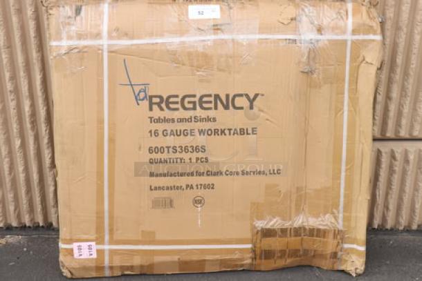 Sealed Regency 600TS3636S work table box, 16-gauge stainless steel, packaging damaged, potential light scratches/dents.
