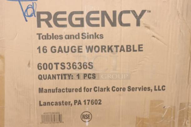 Regency 600TS3636S 36" x 36" stainless steel work table, new, in damaged packaging. May have minor scratches and dents.