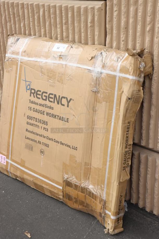 Regency 600TS3636S 36" x 36" stainless steel work table, brand new, sealed in box, packaging damaged, possible light scratches/dents.