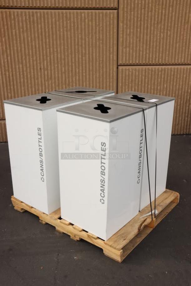 4 Ex-Cell Kaiser RC-KD36-R white 36-gallon recyclables receptacles on pallet. New, out of packaging, labeled "Cans/Bottles."