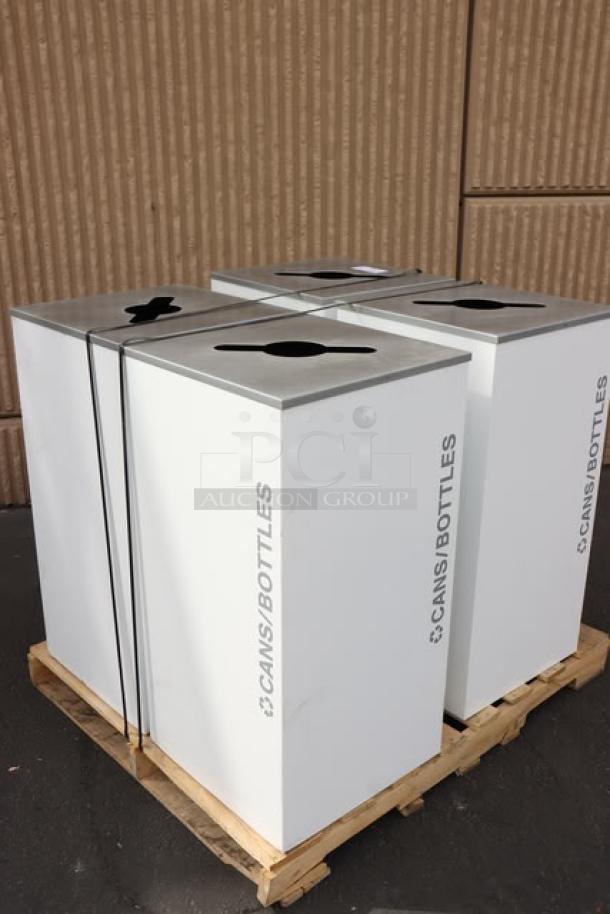 4 Ex-Cell Kaiser RC-KD36-R white gloss square 36-gal recycling receptacles, new, marked "CANS/BOTTLES," stainless top.