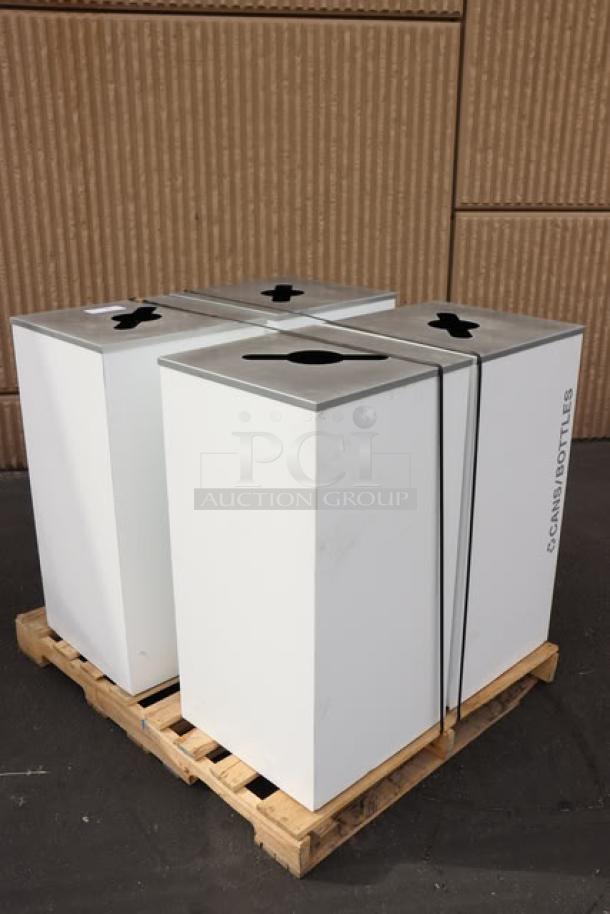 4 Ex-Cell Kaiser 36-gallon white gloss square recyclables receptacles, model RC-KD36-R. Brand new on pallet.