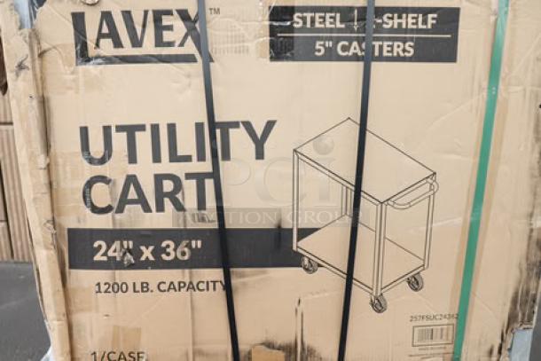 Lavex 257FSUC24362 steel utility cart, 36"x24"x35", brand new, two shelves, fully welded, 1200 lb capacity, 5" casters.