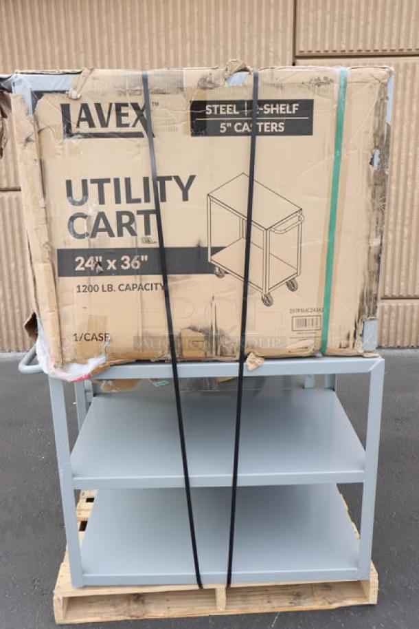 Lavex 257FSUC24362 36"x24"x35" steel utility cart, brand new, two shelves, fully welded, visible packaging damage.