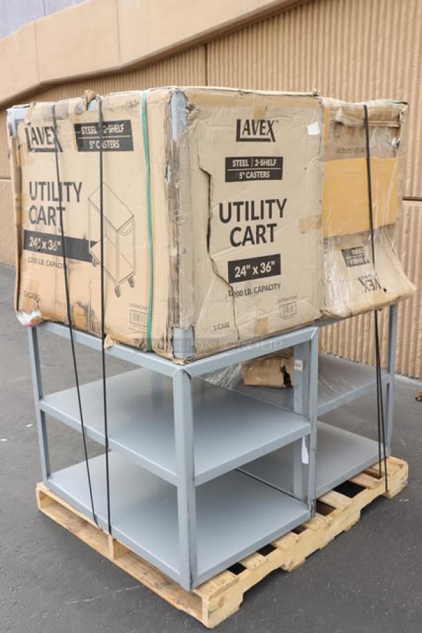 Lavex 257FSUC24362 two-shelf steel utility cart, 36"x24"x35", fully welded, scratch-n-dent condition, in original packaging.