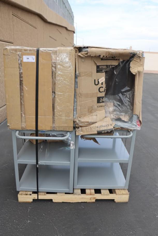 Brand new Lavex 257FSUC24362 steel utility cart, 36"x24"x35", two shelves, fully welded. Packaging is damaged.