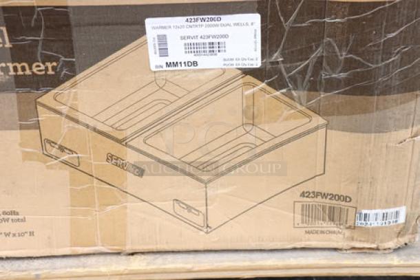 Brand new ServIt FW200D dual well food warmer in original packaging. Features digital controls, 120V, 2000W; box shows some wear.