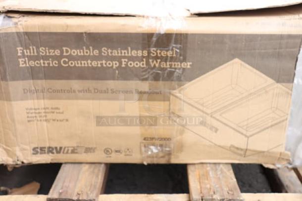 ServIt FW200D countertop food warmer, dual well, brand new, digital controls, 120V, 2000W, scratch-n-dent box.