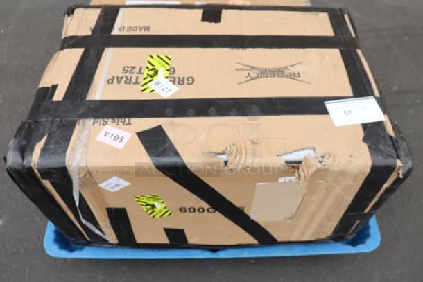 Regency 600GT25 50 lb. grease trap in damaged packaging; part of the box is torn, label indicating "SCRATCH-N-DENT."