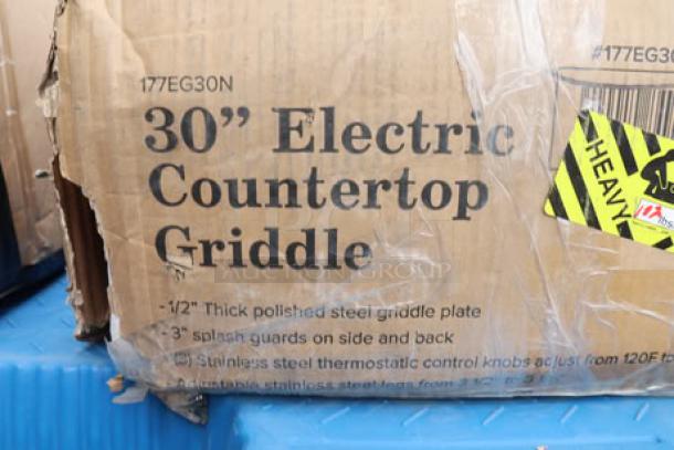Avantco EG30N 30" Electric Countertop Griddle in damaged packaging; may have scratches/dents. 208/240V, 3375W-4500W.